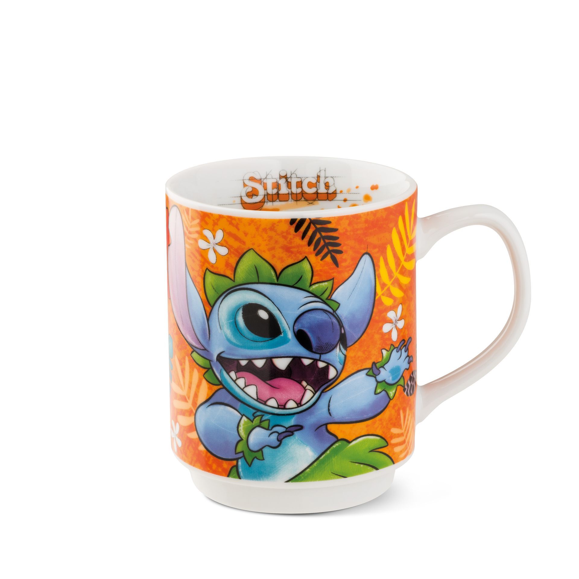Een mok met Stitch-opdruk en een Hawaïaans thema.