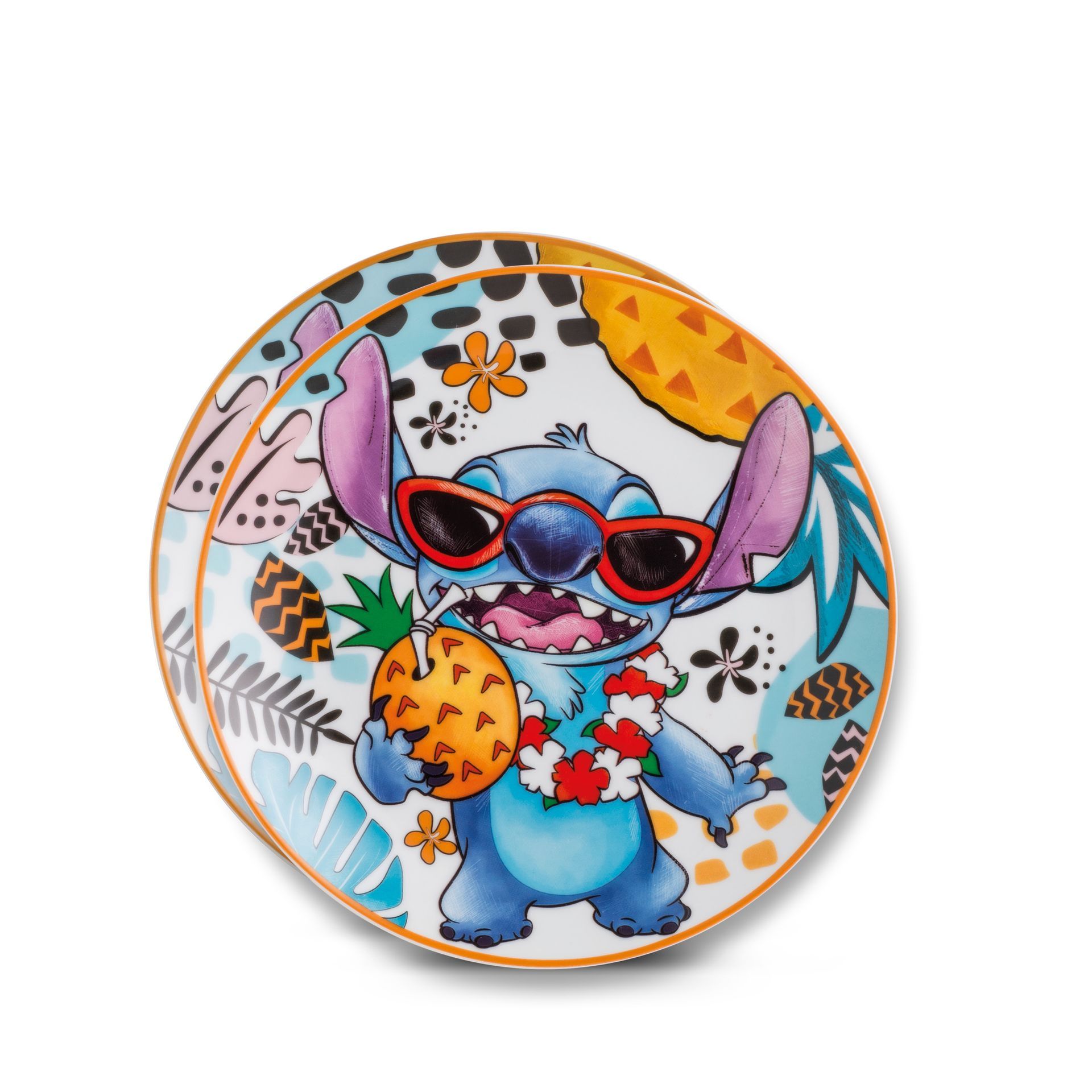 Borden van Stitch met tropisch design: Stitch draagt een zonnebril en een bloemenkrans en houdt een ananas vast.