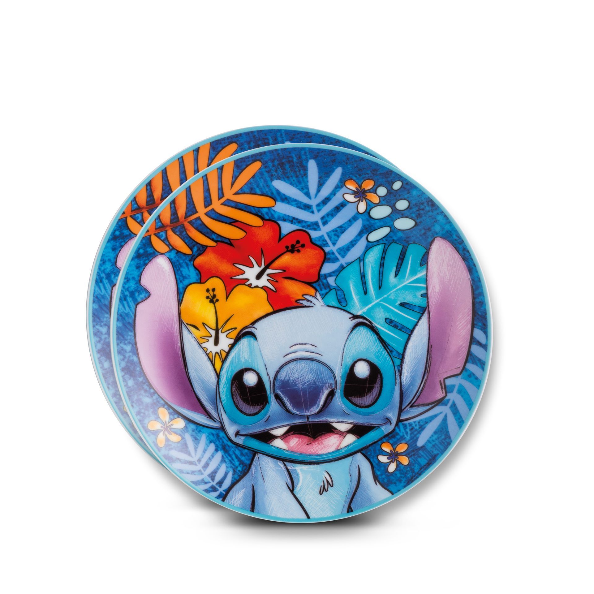 Het Stitch-personage omringd door tropische bloemen en bladeren op een ronde blauwe achtergrond.
