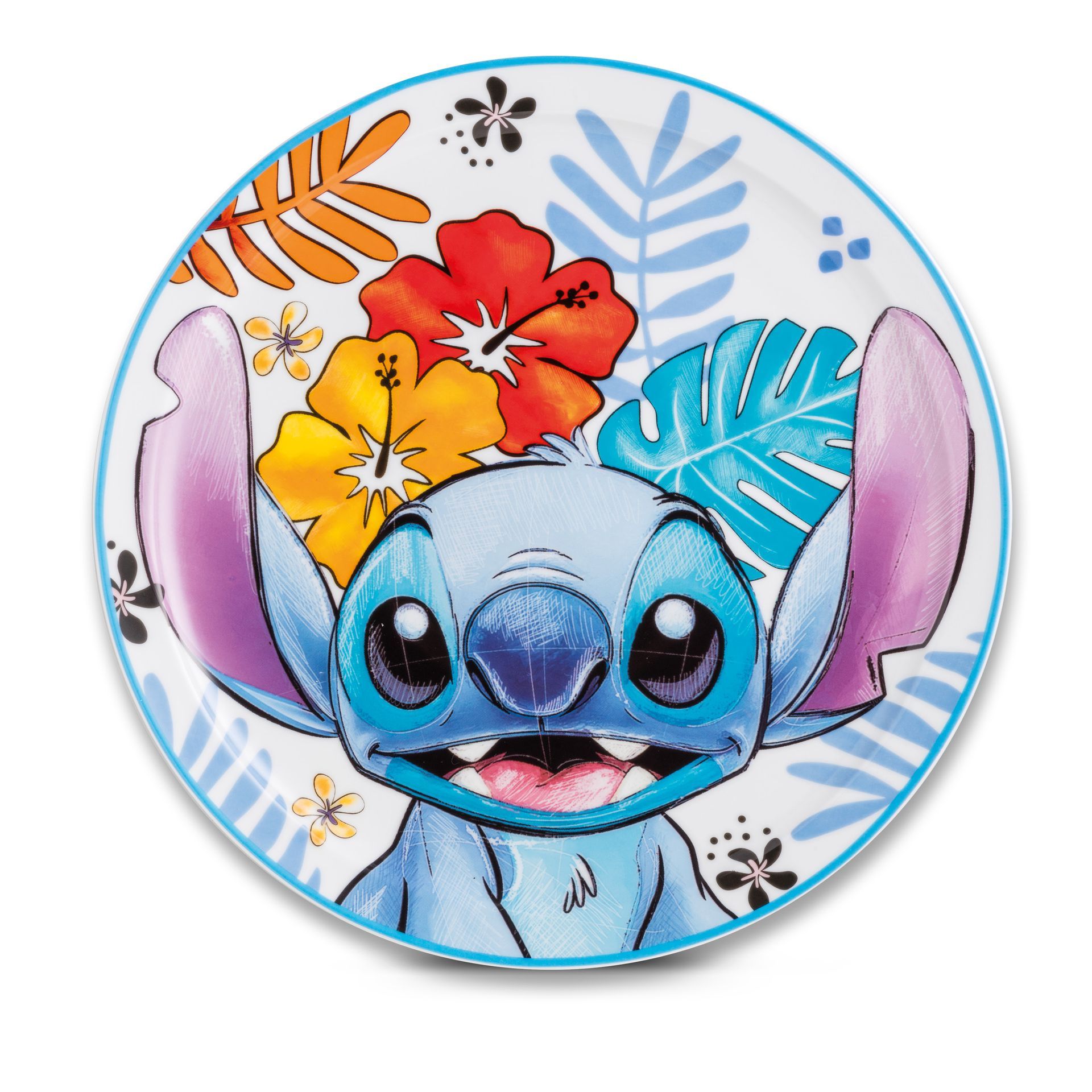 Bord met Stitch-personage en een rand van kleurrijke bloemen en tropische bladeren.