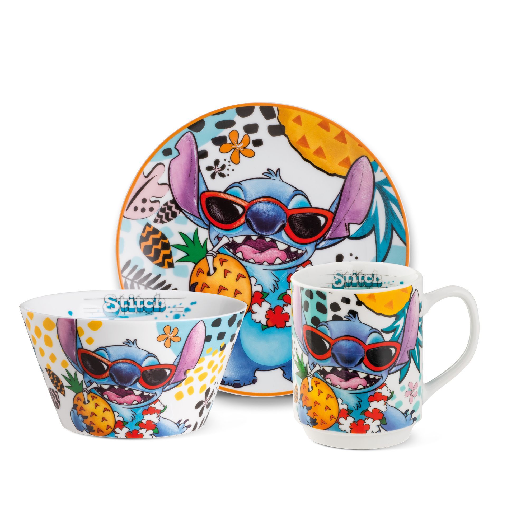 Serviesset met Stitch-thema: kom, bord en mok. Stitch draagt een zonnebril en een Hawaïhemd