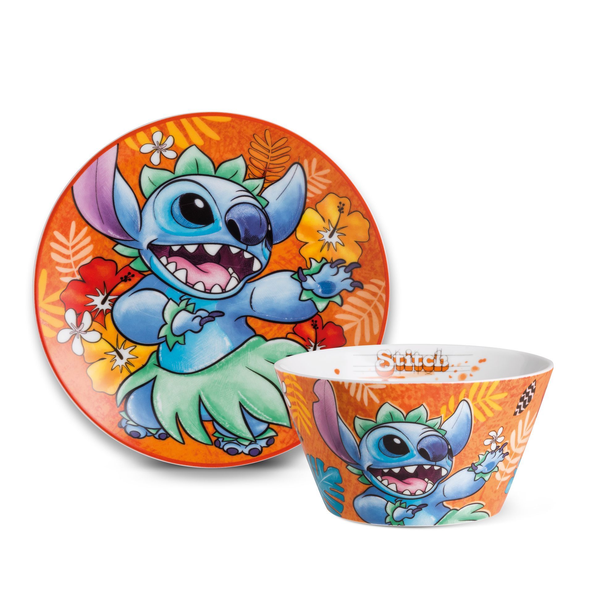 Bord en kom met Stitch-thema, een tropisch ontwerp en een oranje achtergrond.