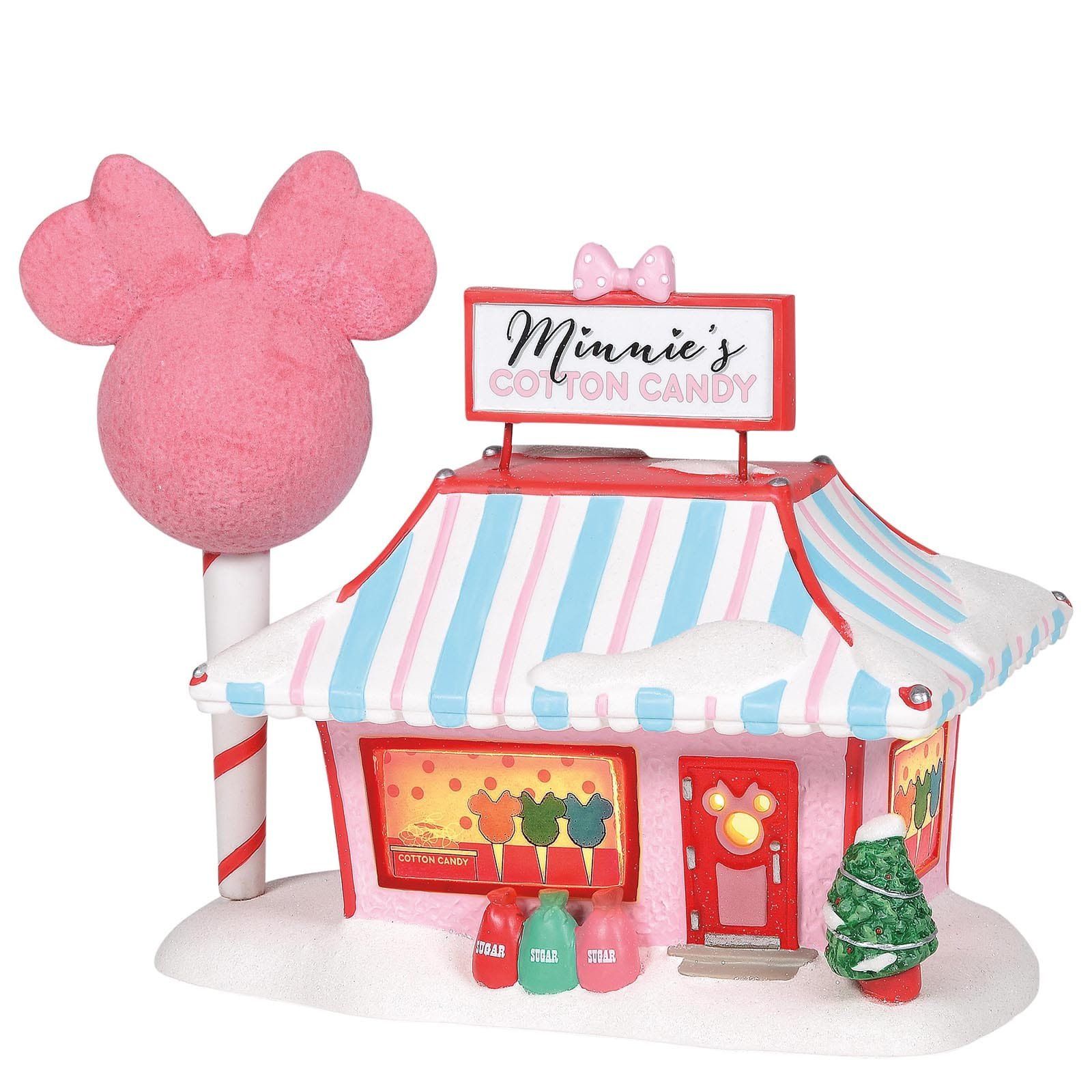 Minnie's Cotton Candy Shop van Disney, roze met blauwe strepen, bedekt met sneeuw en een suikerspin in de vorm van Minnie Mouse.