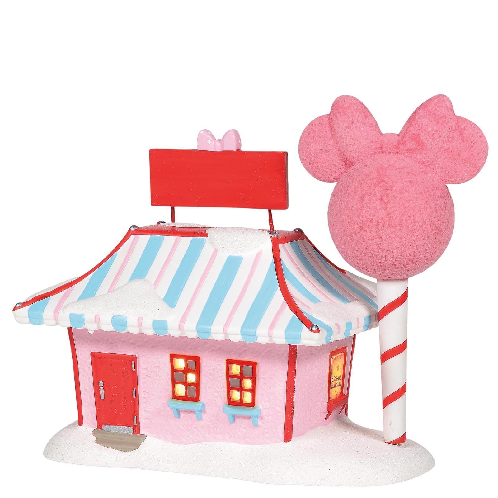 Minnie's Cotton Candy Shop van Disney, roze met blauwe strepen, bedekt met sneeuw en een suikerspin in de vorm van Minnie Mouse.