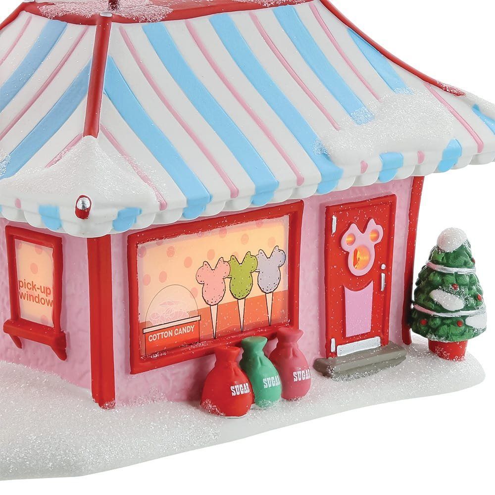 Een roze en rode snoepwinkel met een gestreepte luifel, een besneeuwd dak, een kleine boom en drie figuurtjes van snoepzakjes.