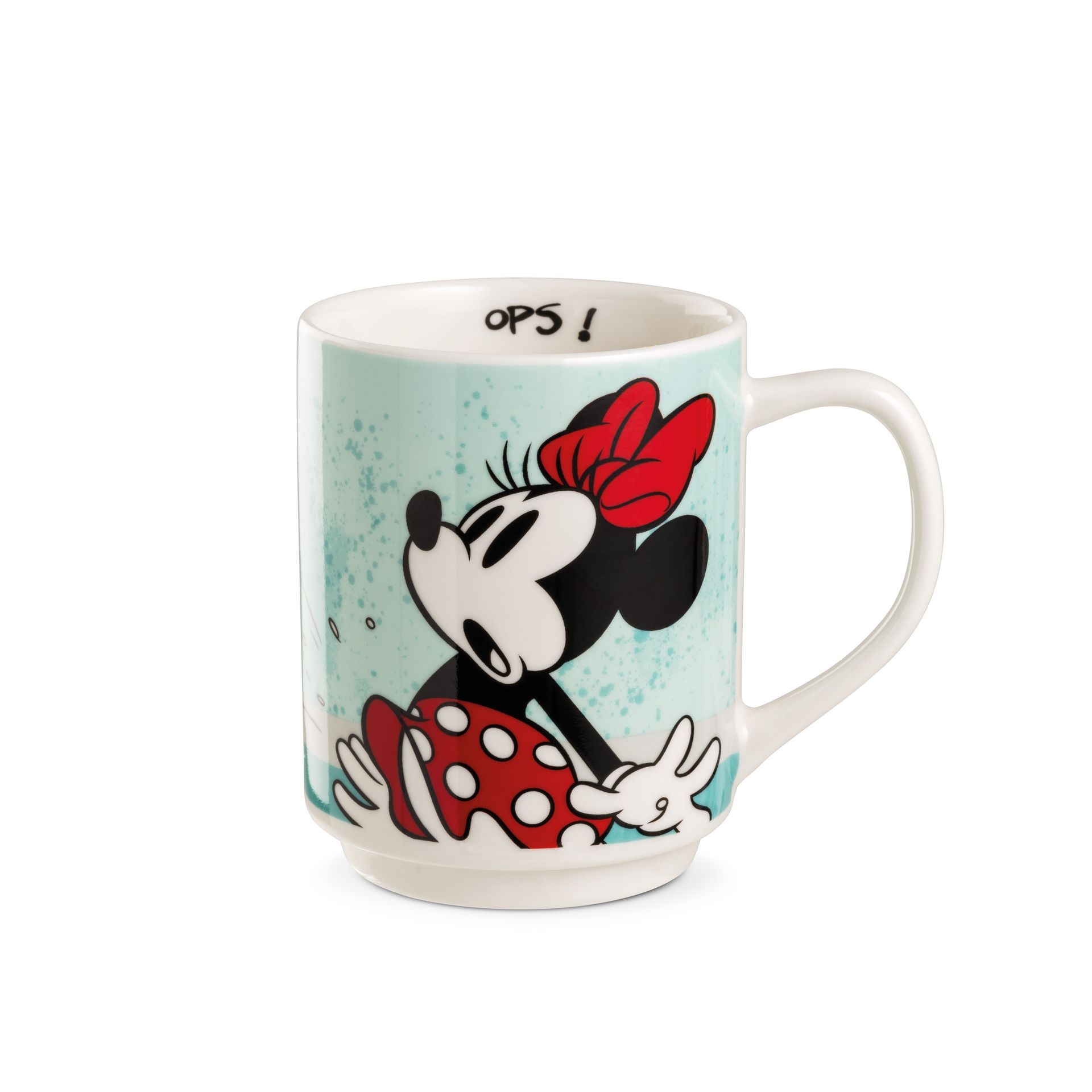 Mok met Minnie Mouse-print, turquoise achtergrond, rode strik en rokje met stippen. Tekst: