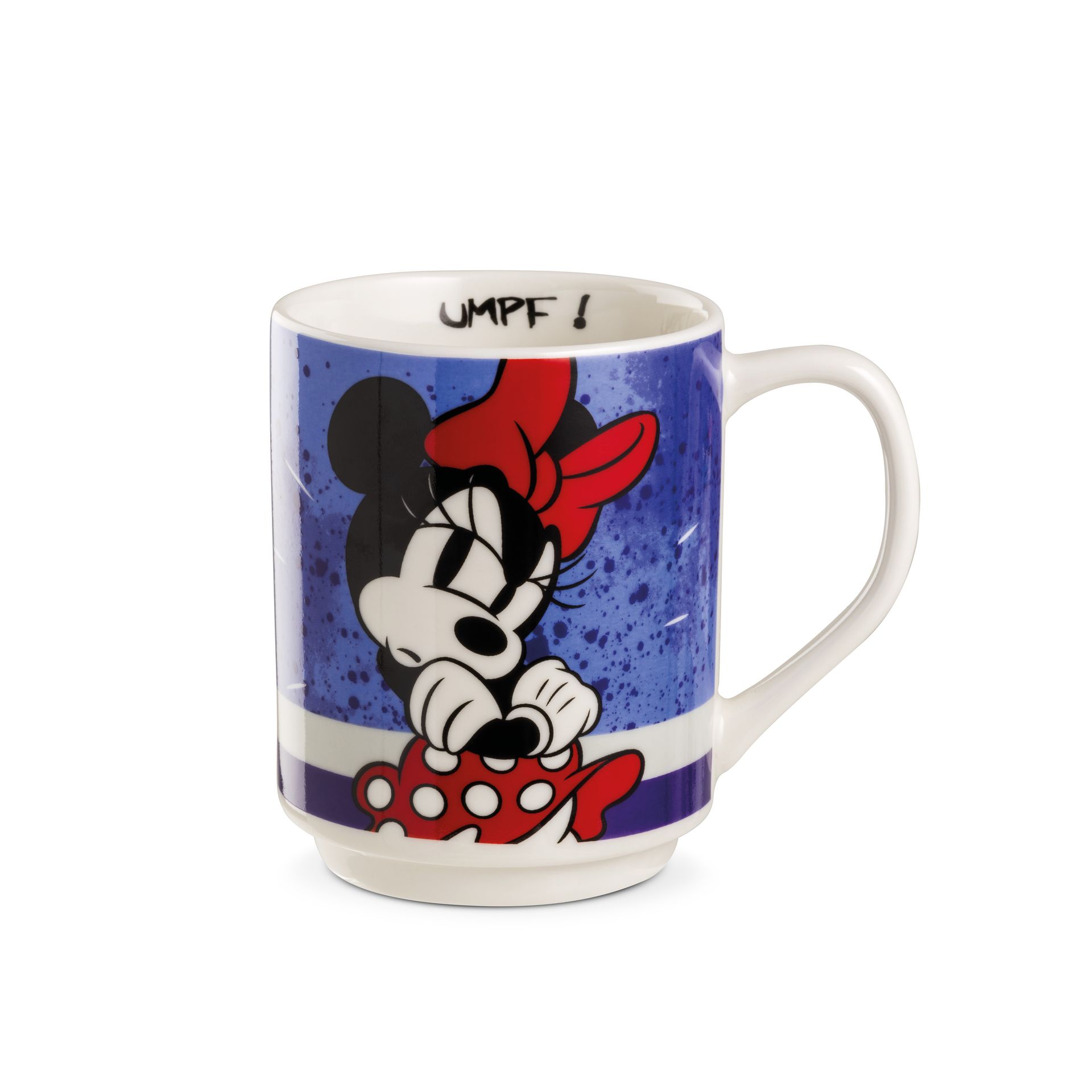Mok met Minnie Mouse, die haar handen vasthoudt,