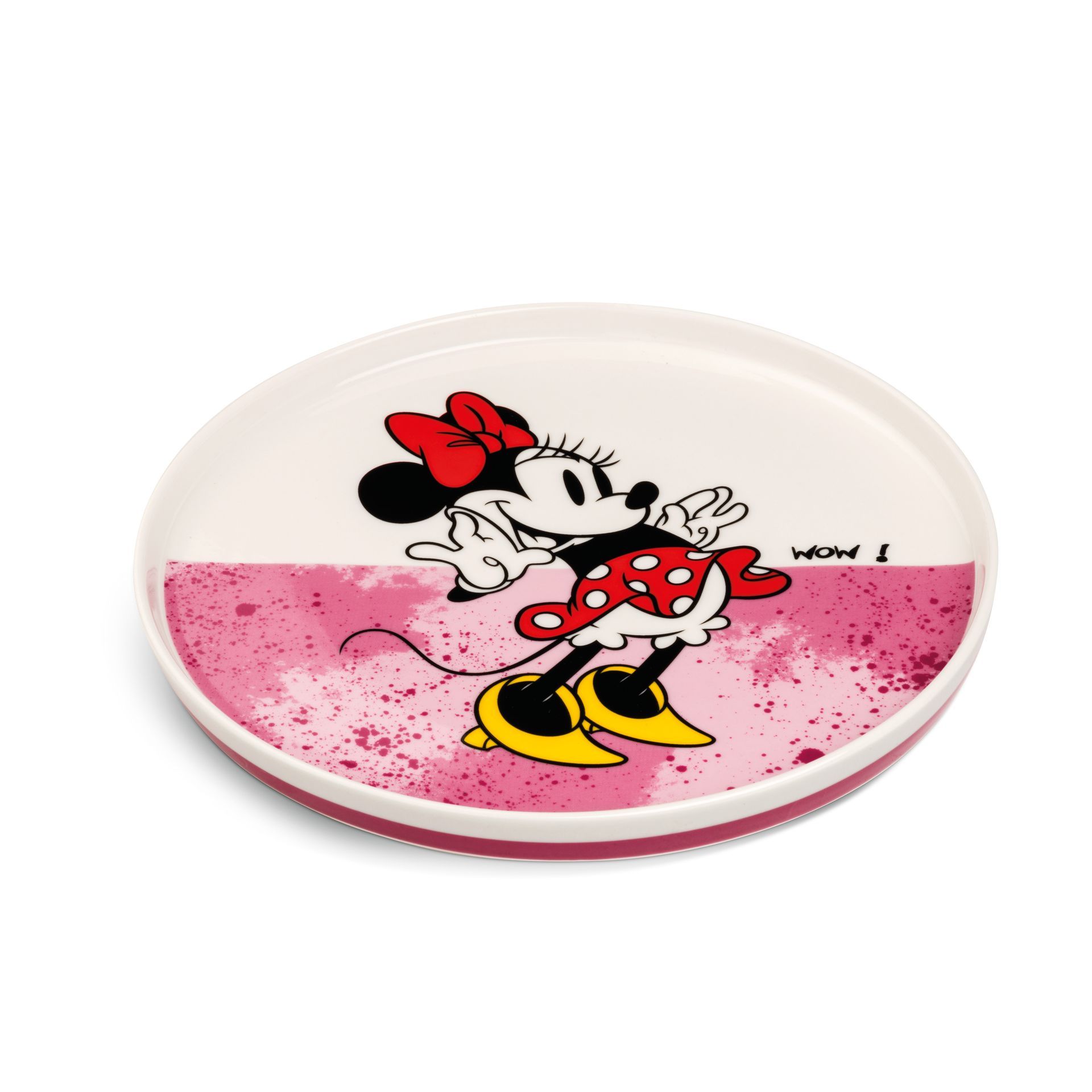 Minnie Mouse bord, roze en wit, met Minnie in een rode jurk met stippen, een strik en gele schoenen.