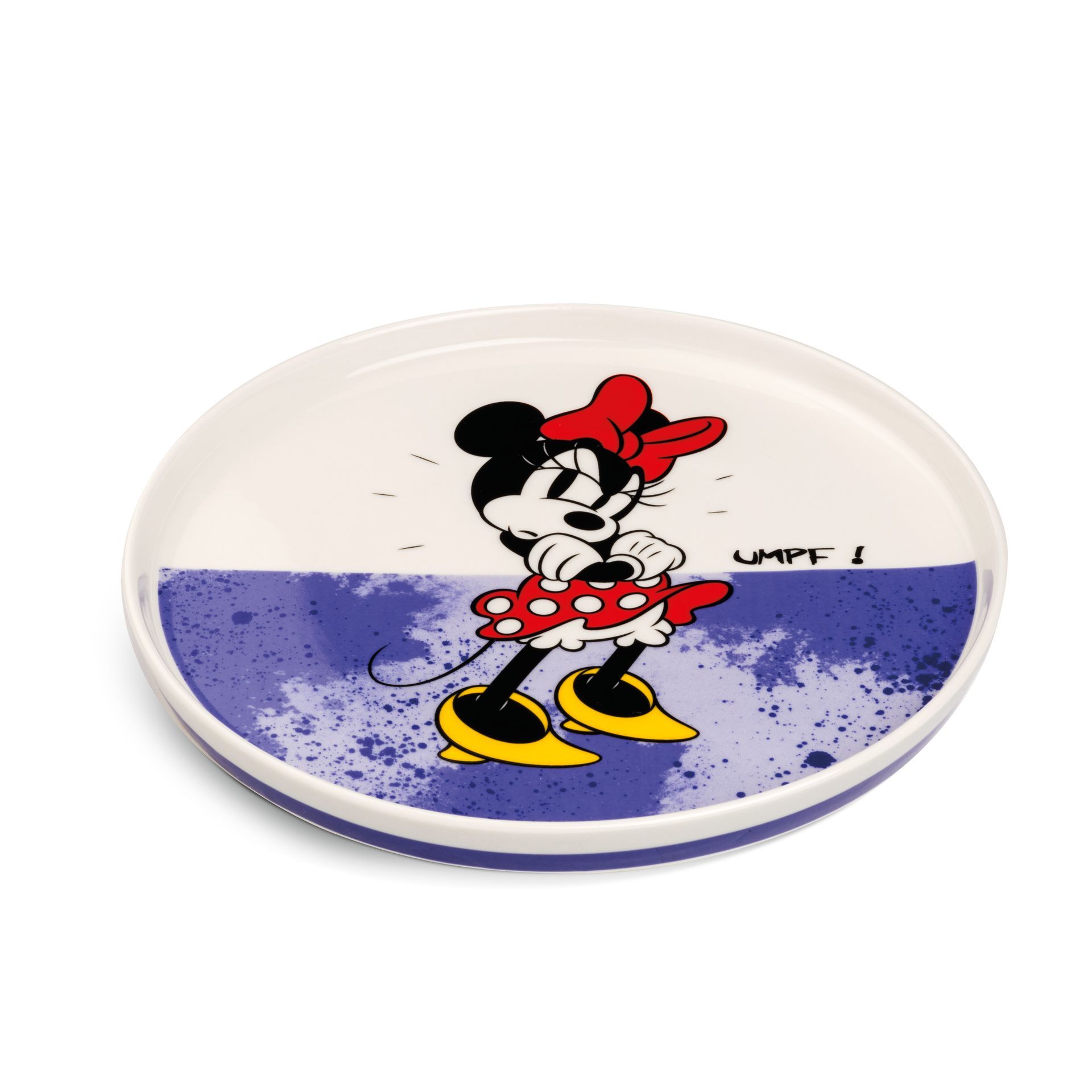 Keramisch bord met Minnie Mouse-print en blauwe spetters.