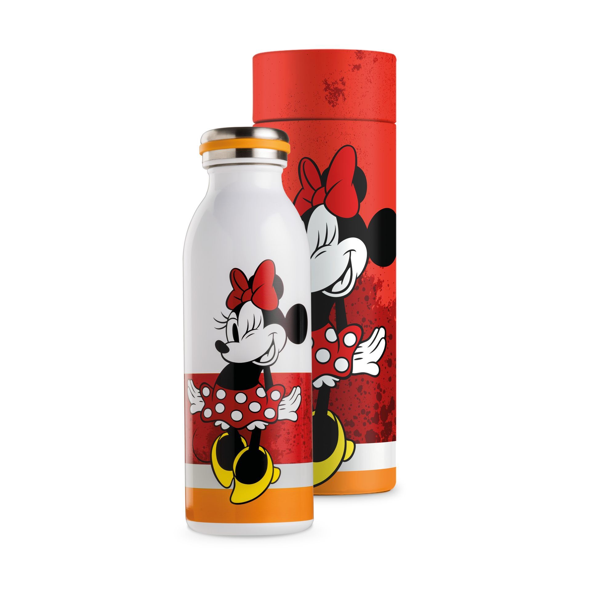 Een waterfles en een rode cilinder met Minnie Mouse-print.