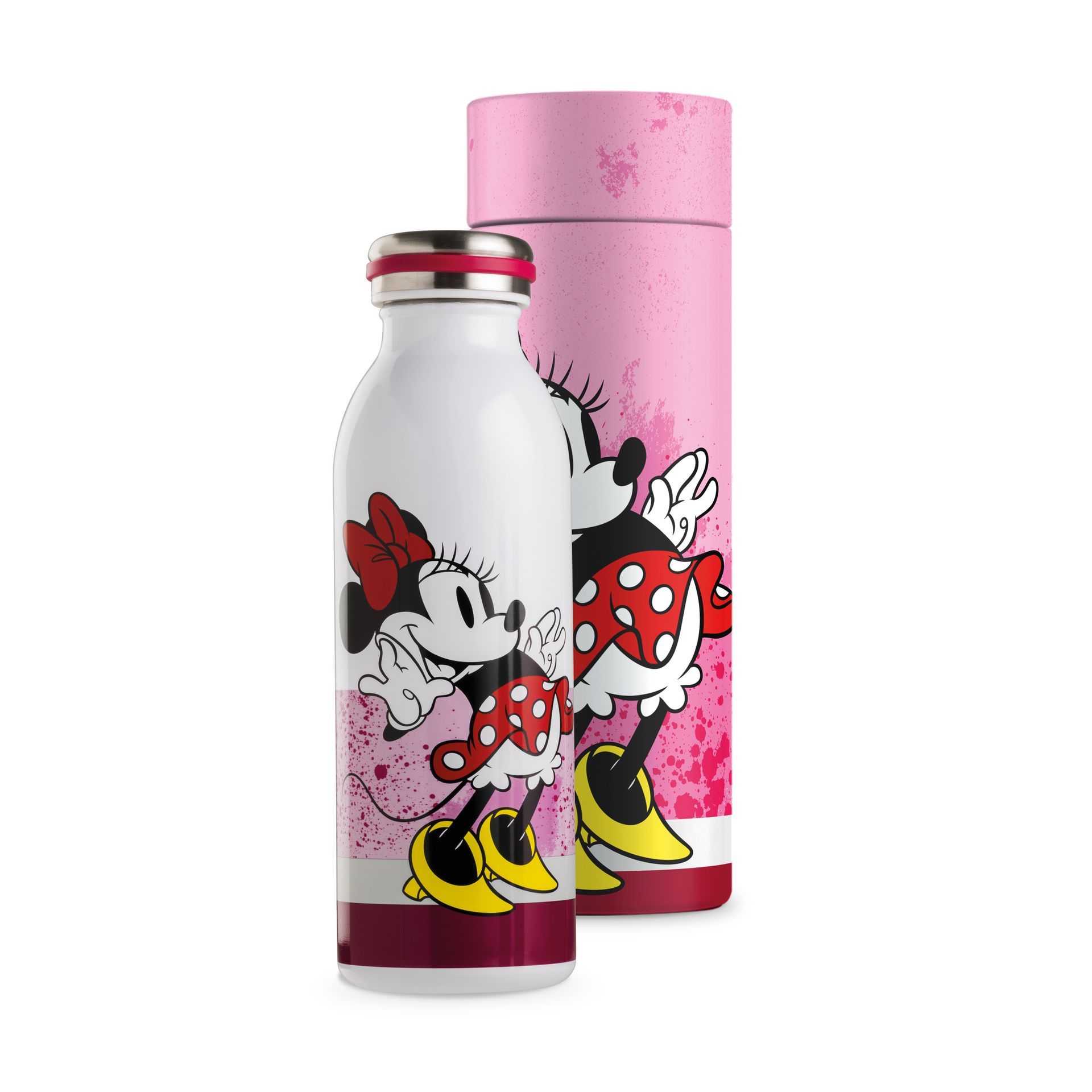 Een waterfles met Minnie Mouse-print en een roze houder
