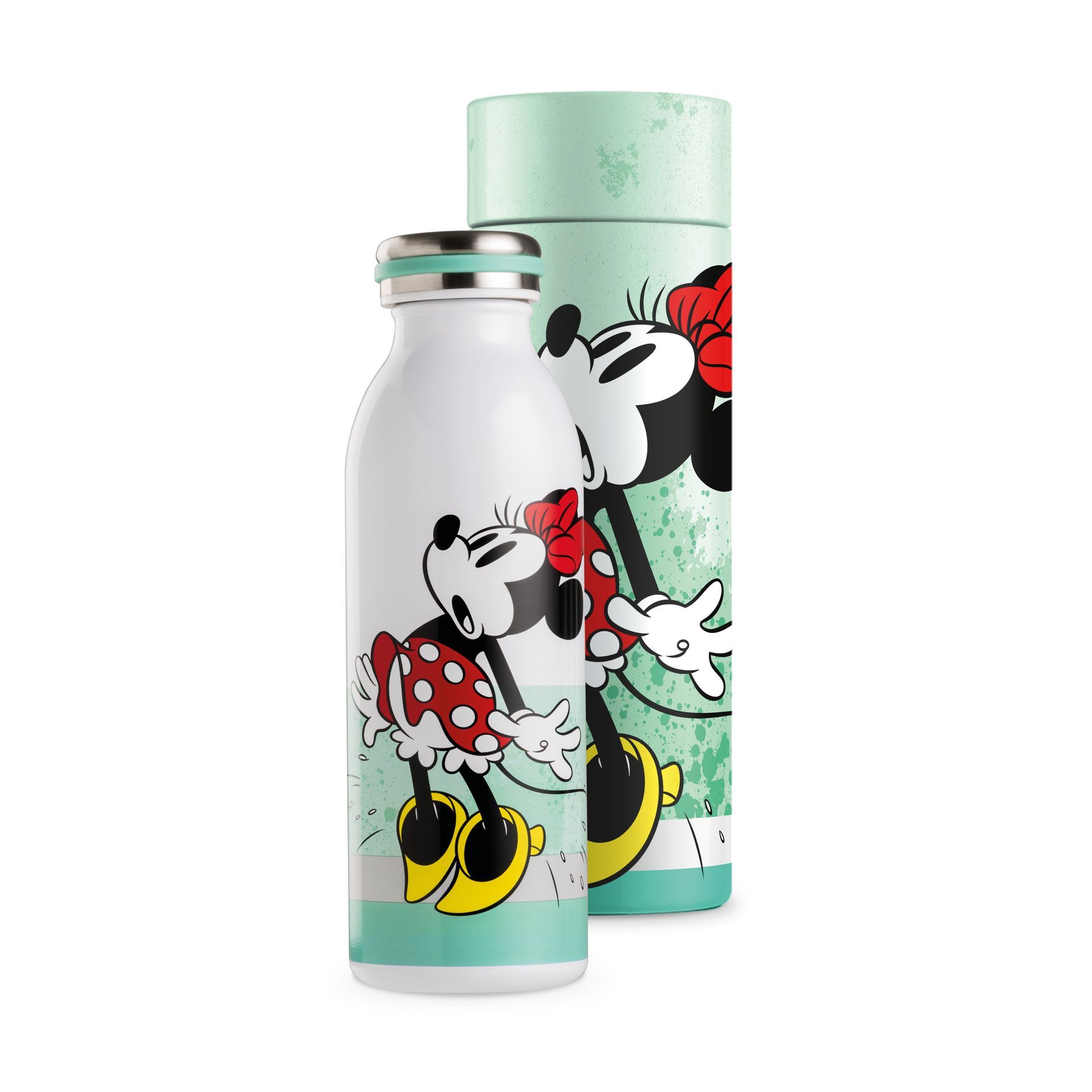 Minnie Mouse waterfles en bijbehorende cilindervormige doos.