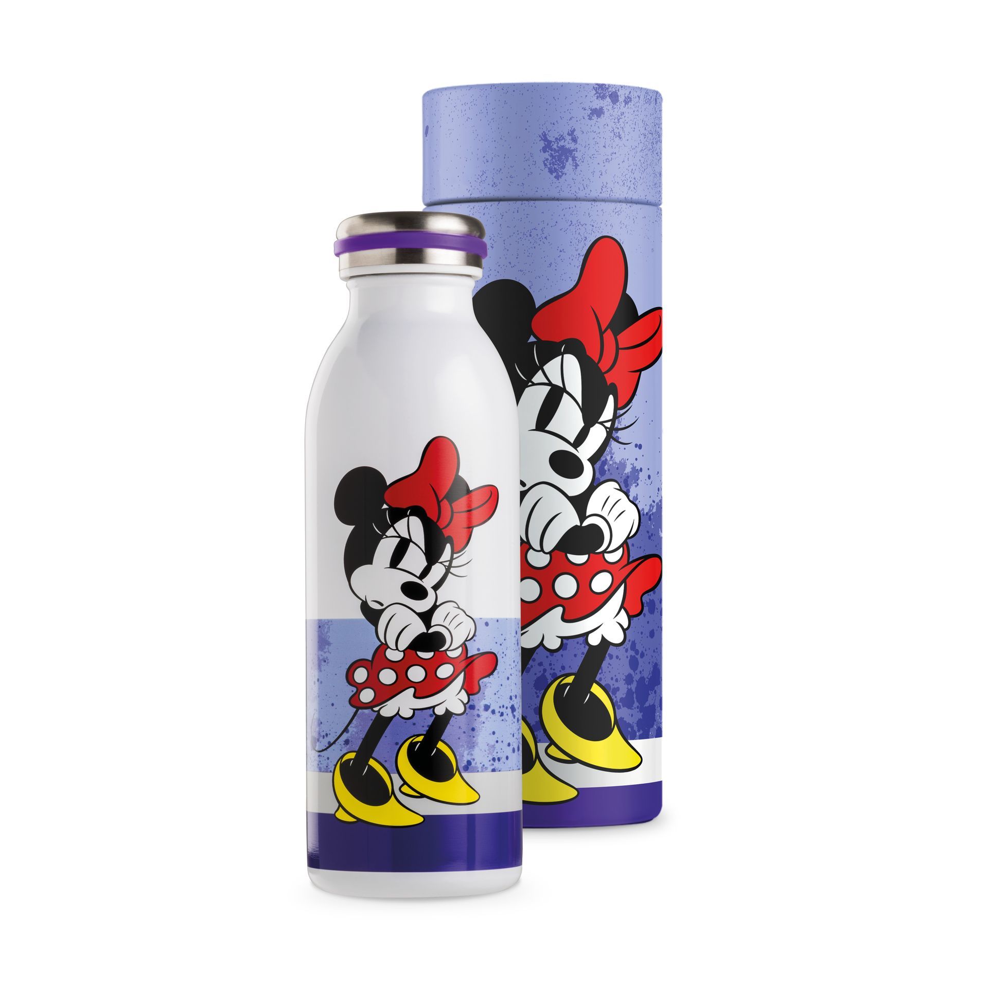 Waterfles en bijpassende beker met Minnie Mouse-print. Witte fles met Minnie Mouse voor een blauwe achtergrond.
