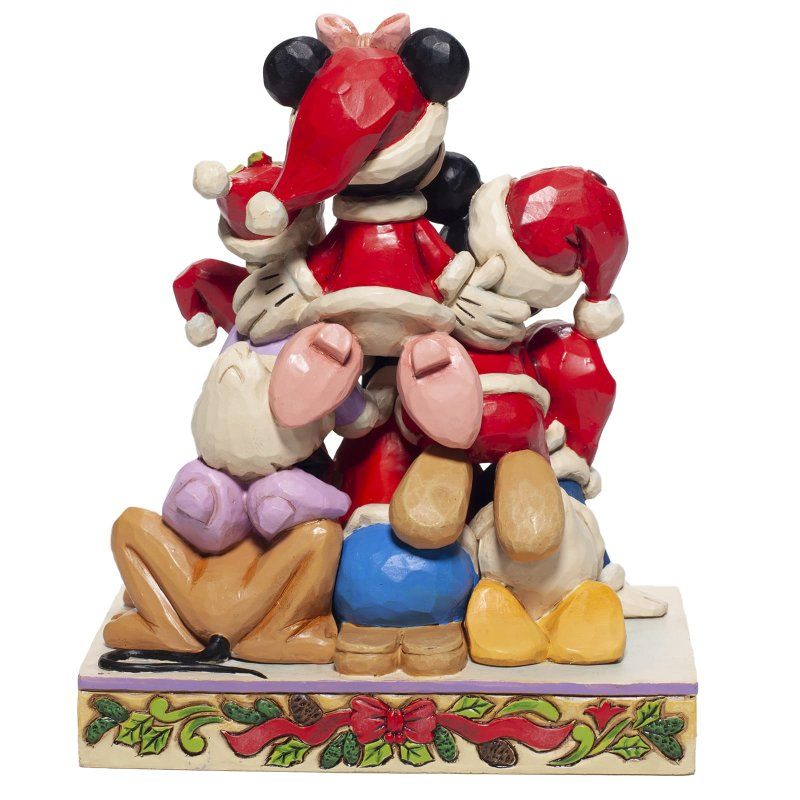 Disneyfiguren in kerstkleding: Mickey, Minnie, Donald, Daisy, Goofy en Pluto.