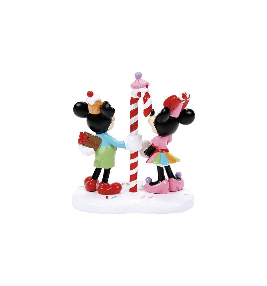 Mickey en Minnie Mouse-figuurtjes naast een zuurstok, met hoedjes op en een lachend gezicht, op een witte sokkel.
