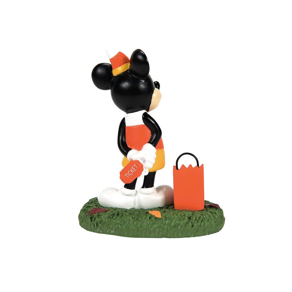 Een Minnie Mouse-figuurtje in een snoepmaïskostuum, met een 