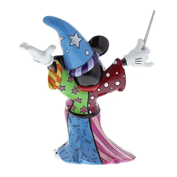 Mickey Mouse-tovenaarsbeeldje in kleurrijke lappendeken, zwaaiend met een toverstaf en een blauwe hoed met een ster.
