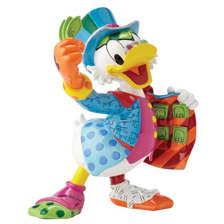 Kleurrijk beeldje van Dagobert Duck met geld, een hoge hoed en een geldzak.