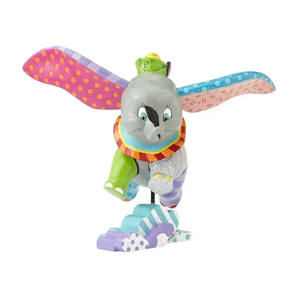Kleurrijk Dumbo-figuurtje met uitgestrekte, versierde vleugels, een groene hoed en een veelkleurige voet.