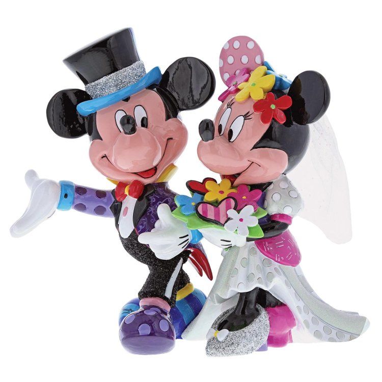 Trouwbeeldje van Mickey en Minnie Mouse. Mickey met hoge hoed en smoking, Minnie met sluier en boeket.