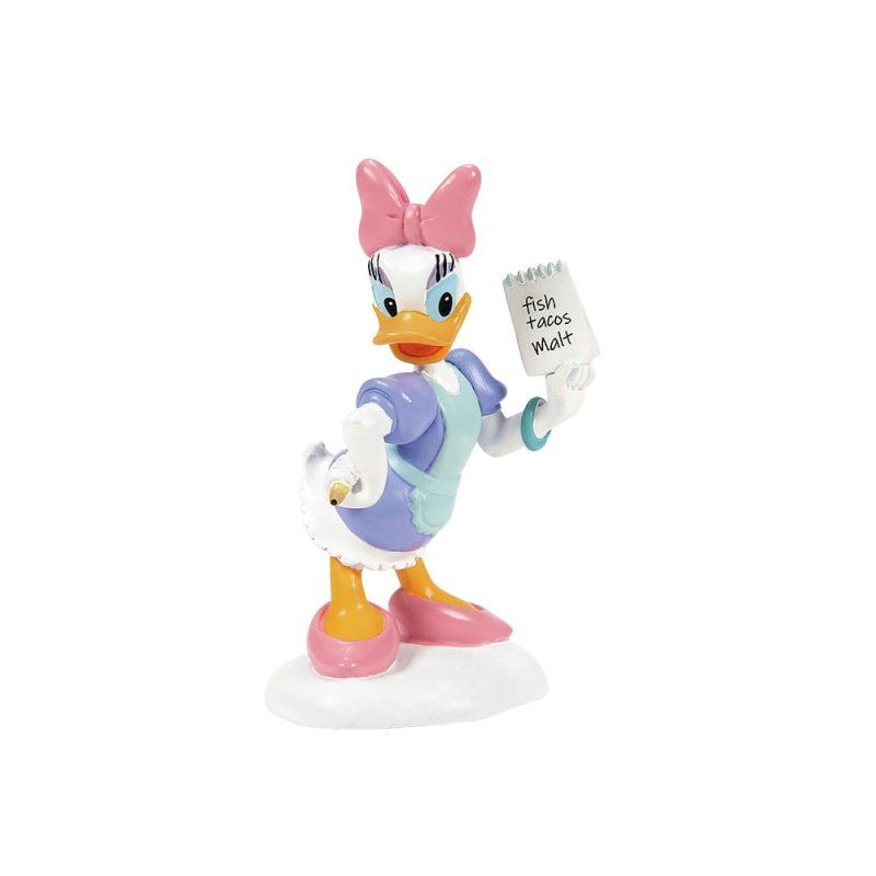 Een Daisy Duck-figuurtje, in een lichtblauwe jurk met een roze strik, met een notitieblok in haar hand.