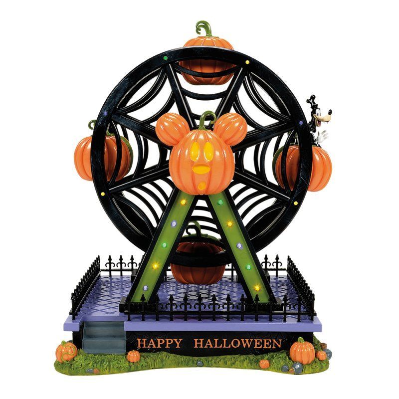 Een reuzenrad met Halloween-thema, compleet met pompoengondels, een spinnenwebontwerp en een voetstuk met de tekst 
