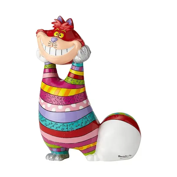 Kleurrijk Cheshire Cat-beeldje met brede grijns en gestreept lijf.