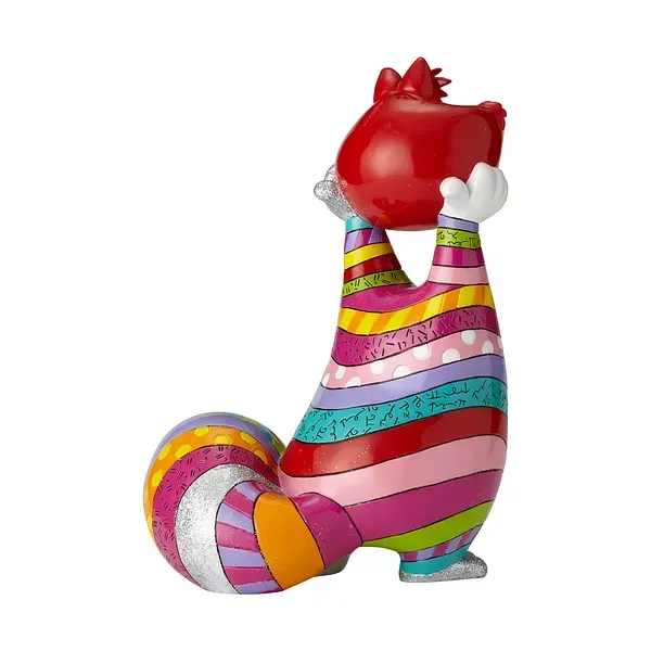 Kleurrijk kattenbeeldje met strepen dat een rood hartje vasthoudt.