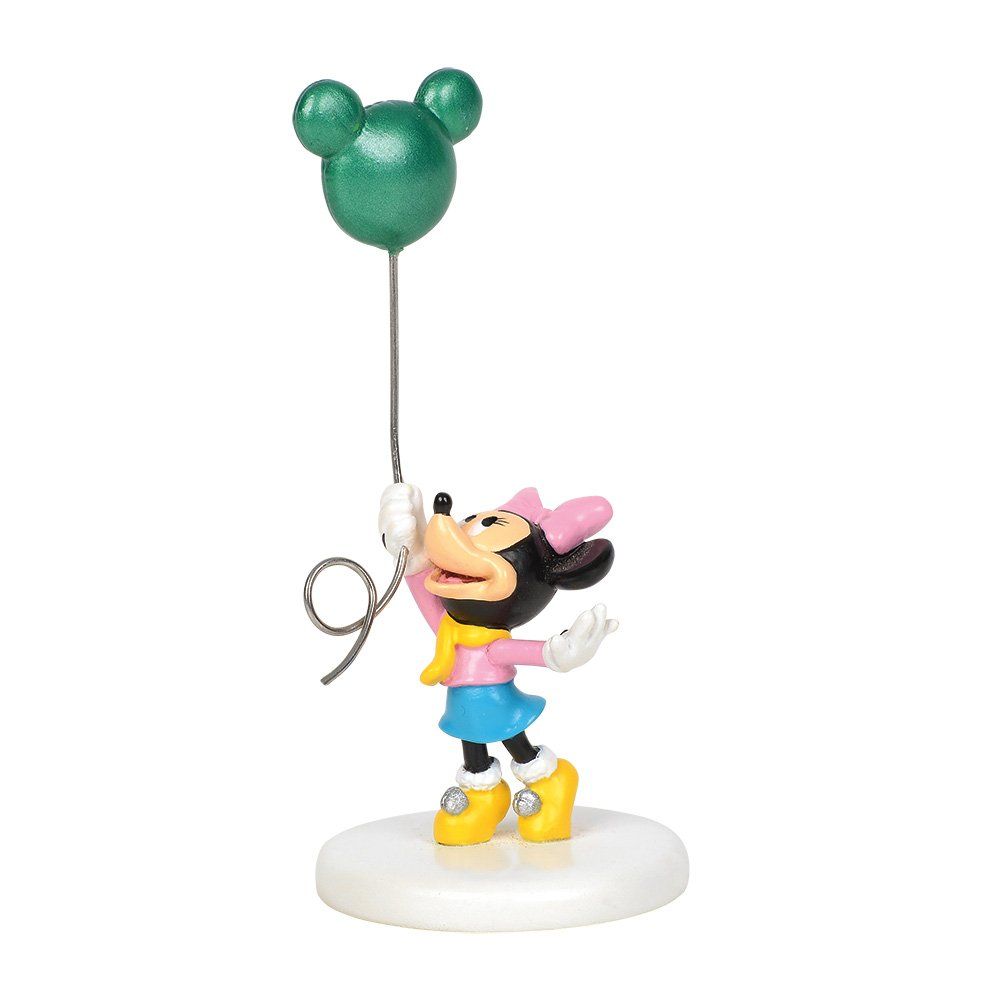 Een Minnie Mouse-figuurtje dat een groene ballon in de vorm van Mickey Mouse vasthoudt, gekleed in roze en blauwe kleding.