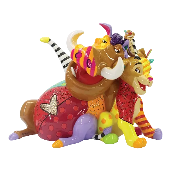 Een kleurrijk beeldhouwwerk van Pumbaa en Simba uit De Leeuwenkoning.