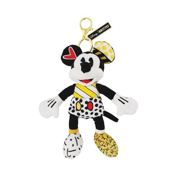 Minnie Mouse pluche sleutelhanger in zwart, wit en geel, in de Britto-kunststijl, met een gouden sluiting.