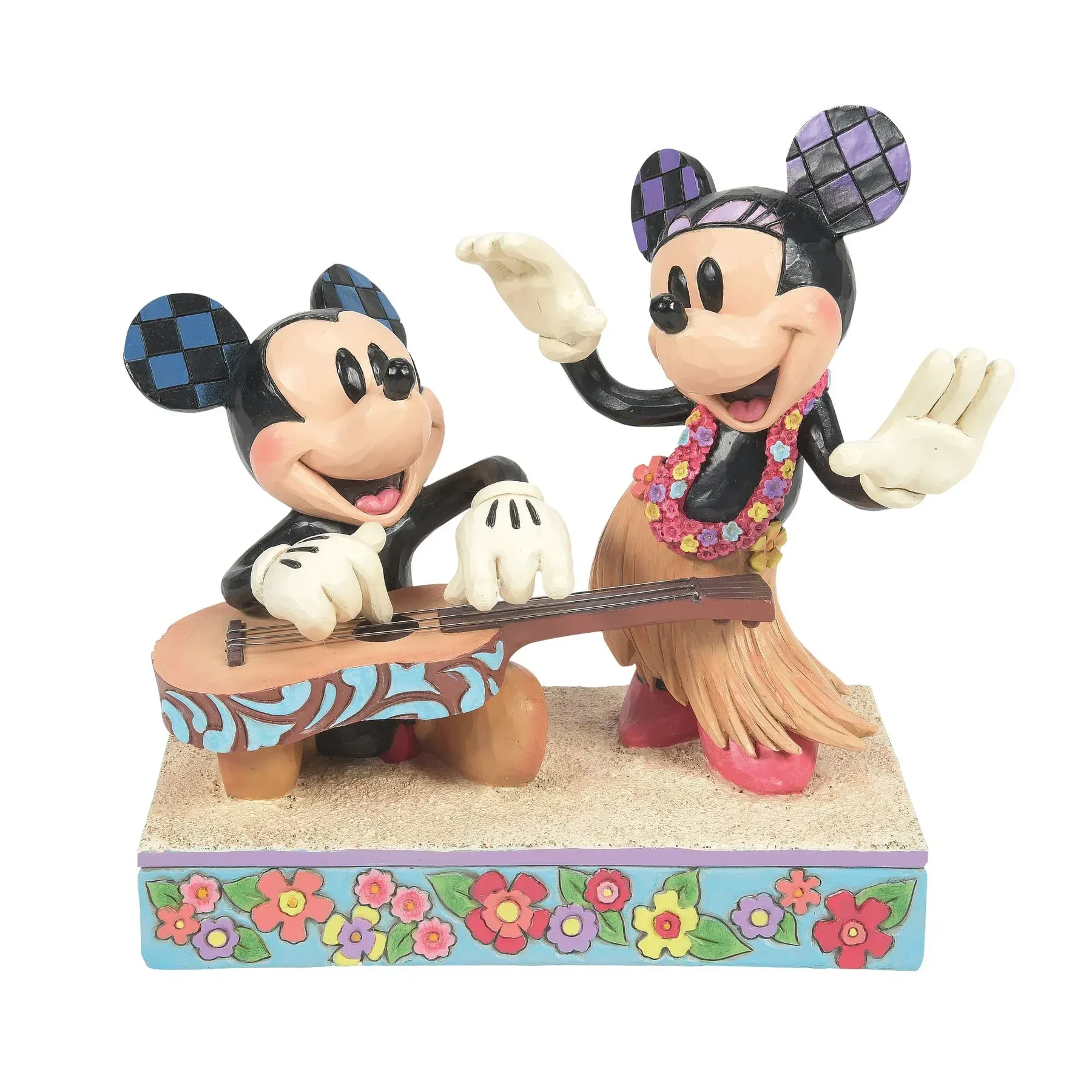 Mickey Mouse speelt ukelele, Minnie danst in een hula-rokje op een zanderig podium, beiden met geruite oren.