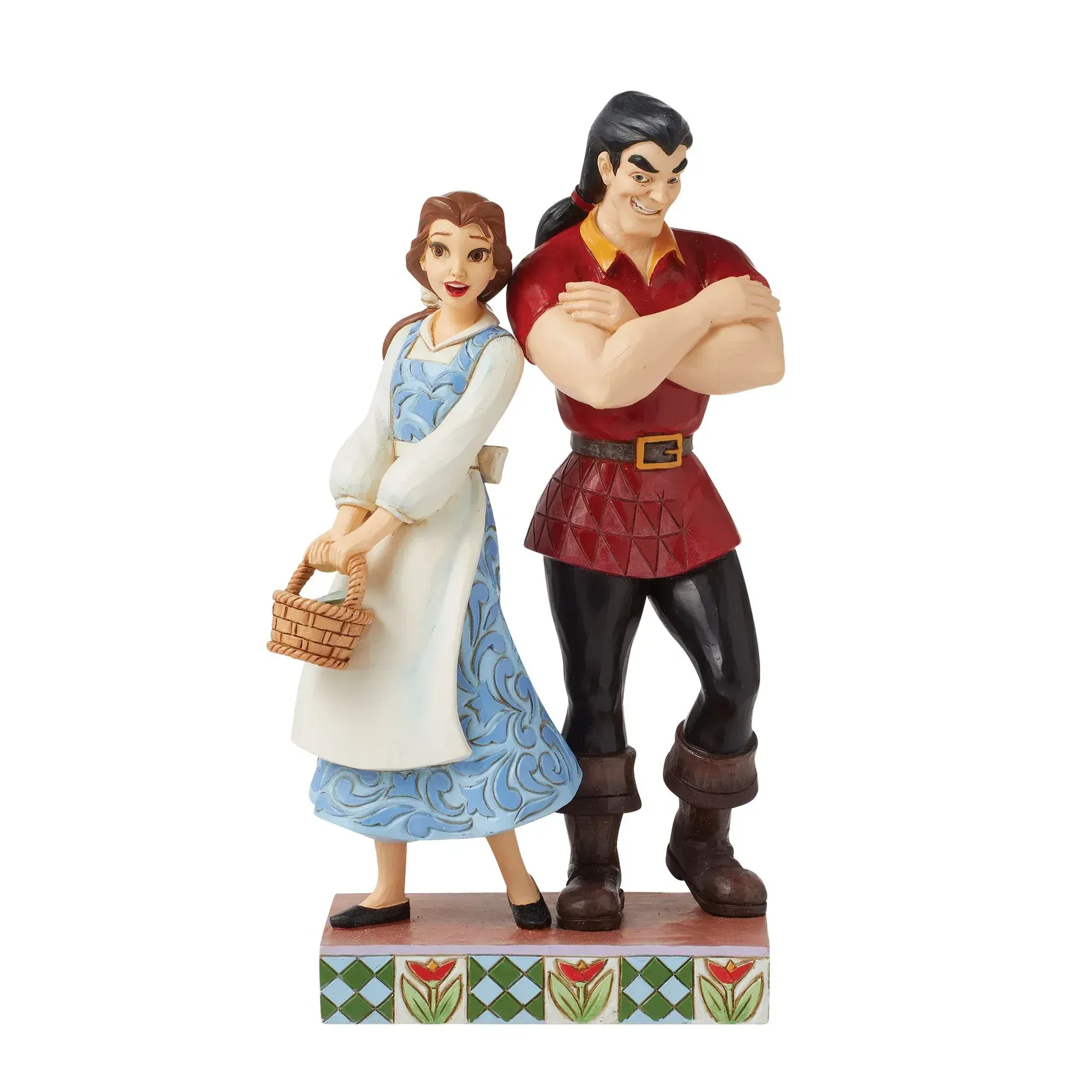 Disney-figuurtje van Belle en Gaston. Belle in een blauwe jurk, met een mandje in haar hand. Gaston in een rode jurk, met zijn armen over elkaar.