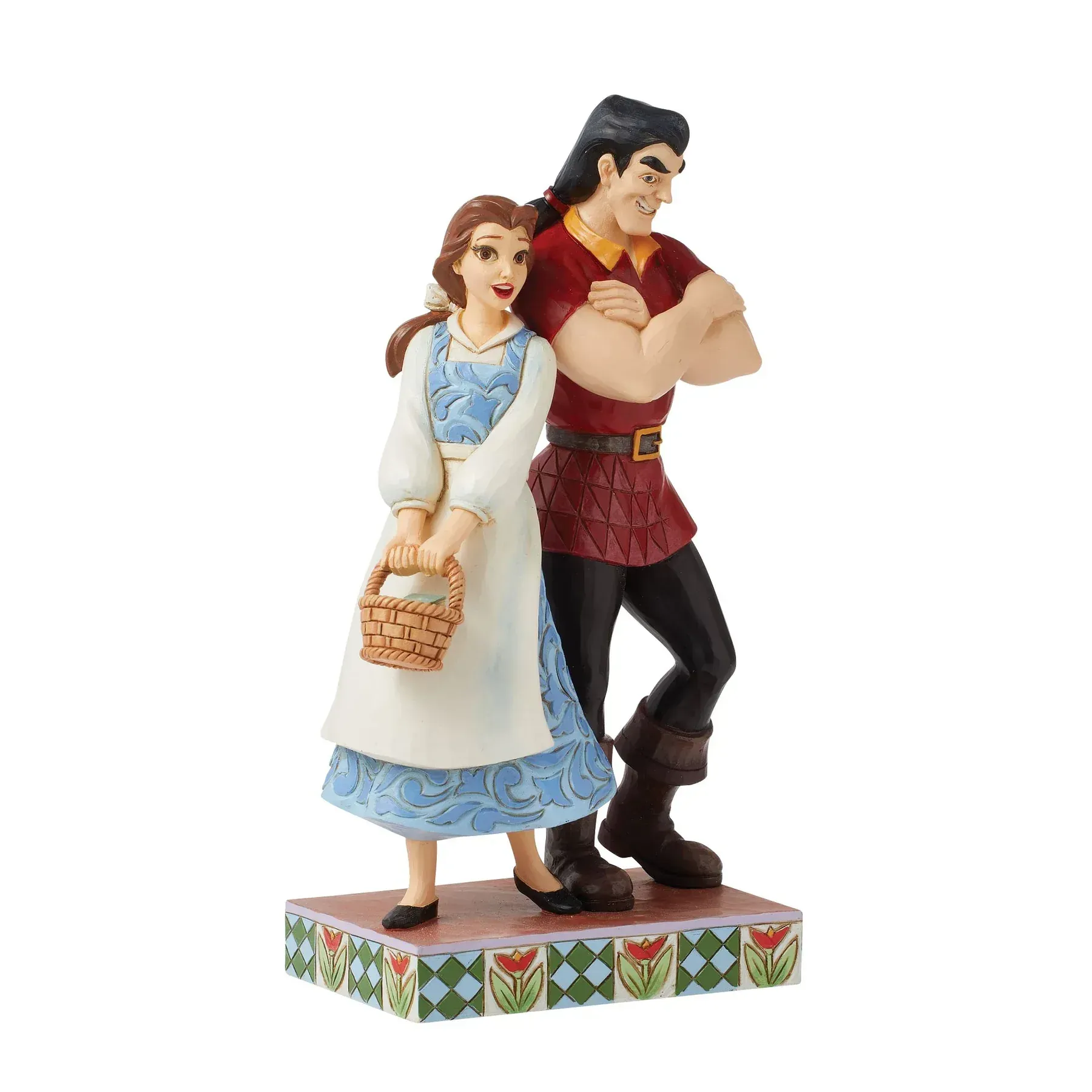 Disney-figuurtje van Belle en Gaston. Belle in een blauwe jurk, met een mandje in haar hand. Gaston in een rode jurk, met zijn armen over elkaar.