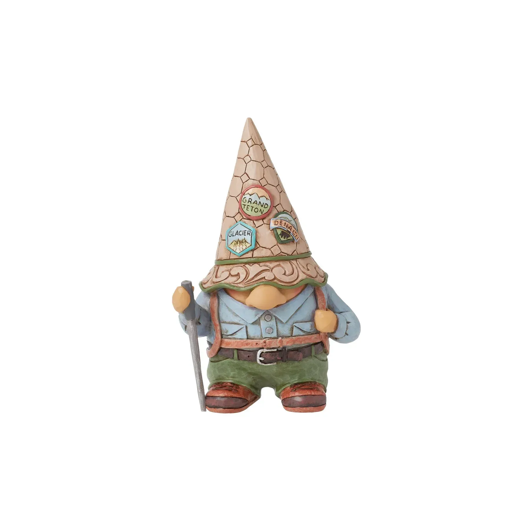 Tuinkabouterfiguurtje met een hoge hoed en een wandelstok.