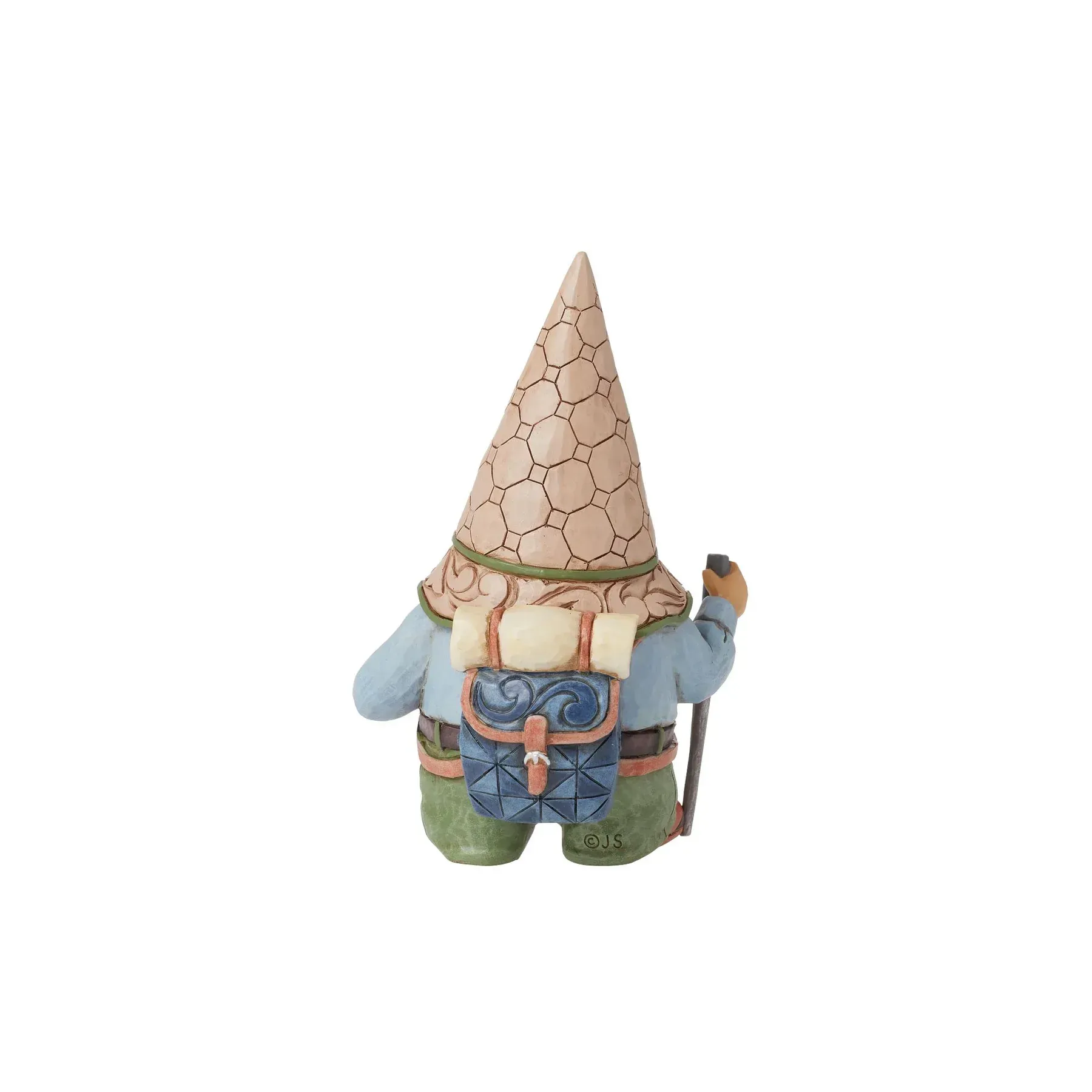 Tuinkabouterfiguurtje met een hoge hoed en een wandelstok.
