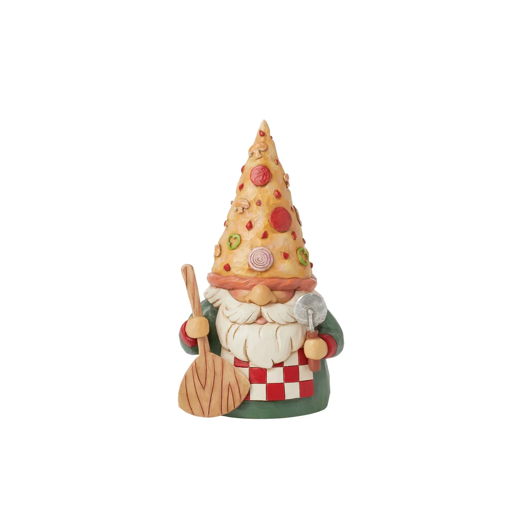 Een kabouter met een pizzahoed op, een pizzaschep in zijn hand en een geruit schort aan.