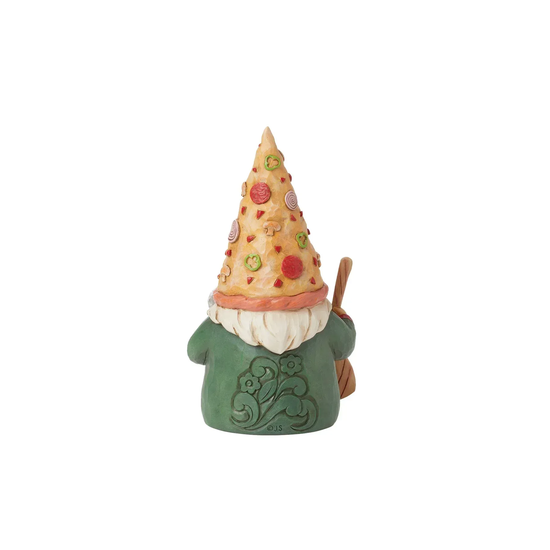 Een kabouter met een pizzahoed op, een pizzaschep in zijn hand en een geruit schort aan.