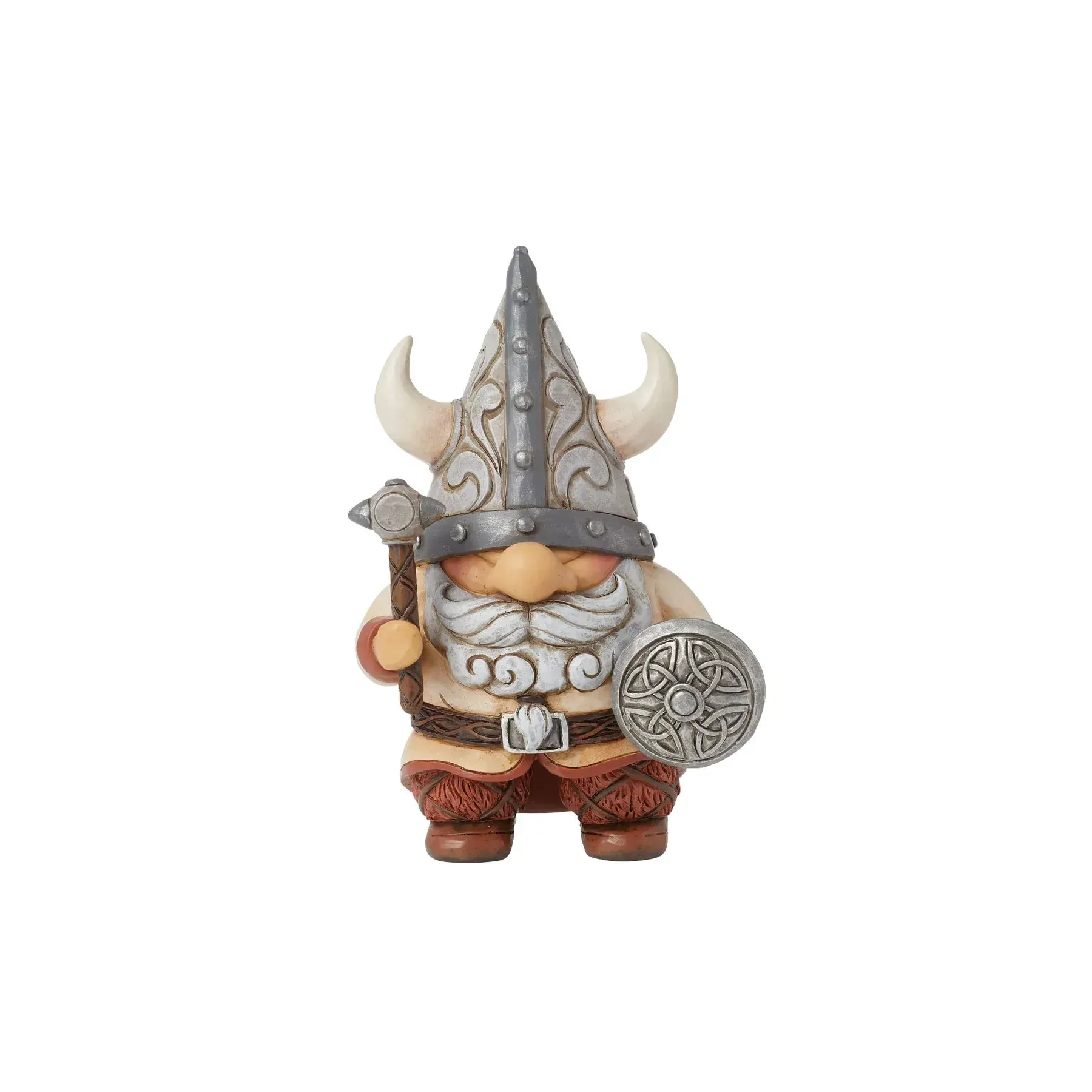 Een Viking-kabouterfiguurtje met hamer en schild, en een helm met hoorns en een harnas.