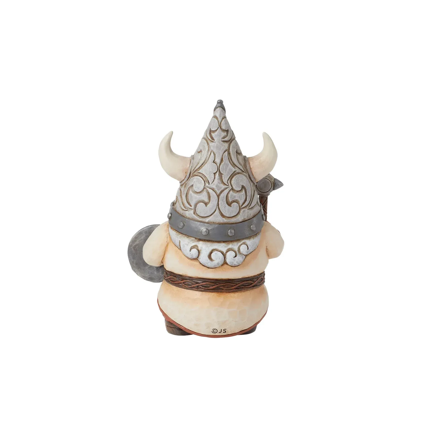 Een Viking-kabouterfiguurtje met hamer en schild, en een helm met hoorns en een harnas.