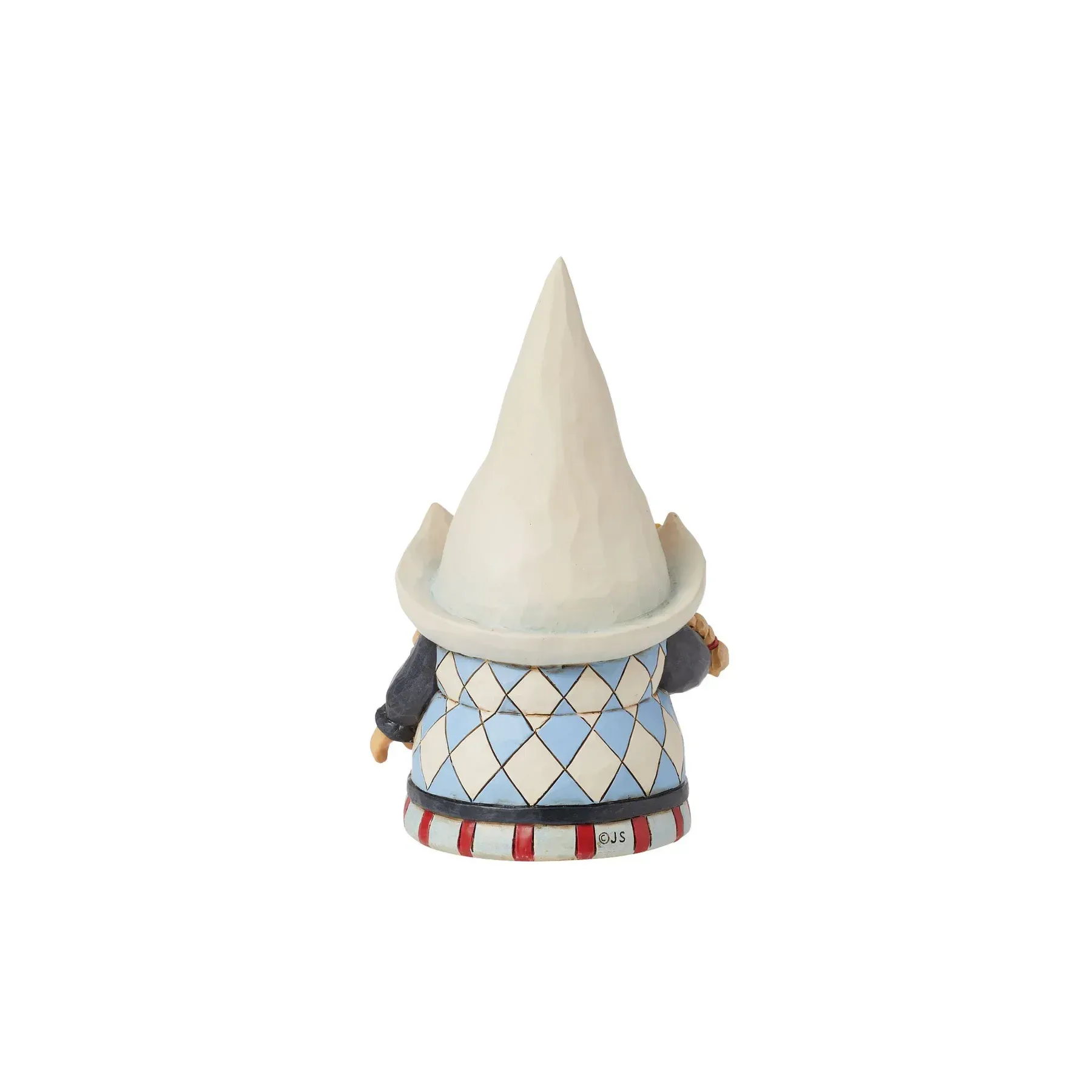 Een kabouterfiguurtje met een witte hoed en overall, die een gele bloem vasthoudt.