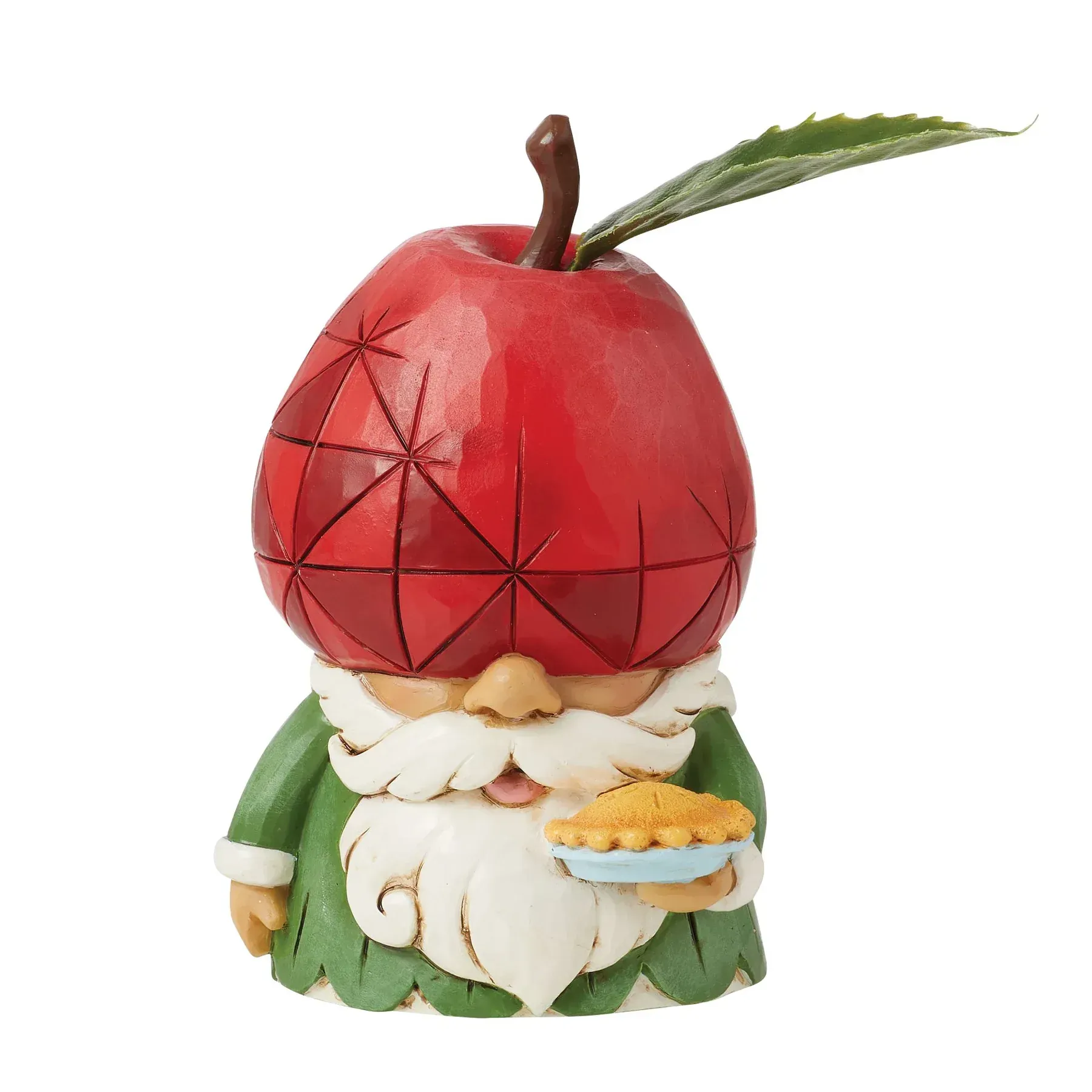 Een kabouterfiguurtje met een rode appel op zijn hoofd en een groene jas, die een taart vasthoudt.