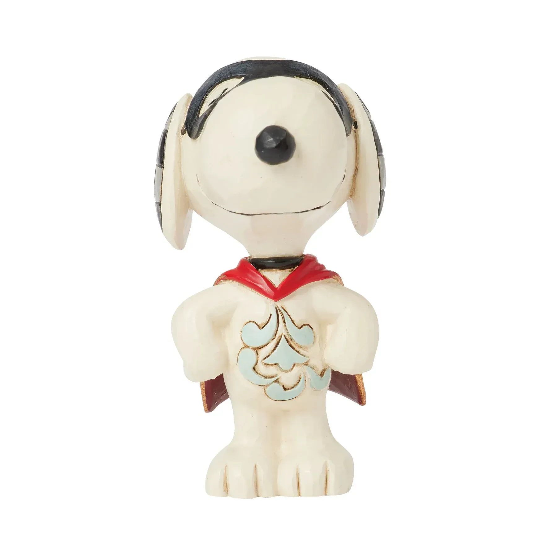 Snoopy-figuurtje als superheld, wit met zwarte accenten, rode cape, staand en lachend.