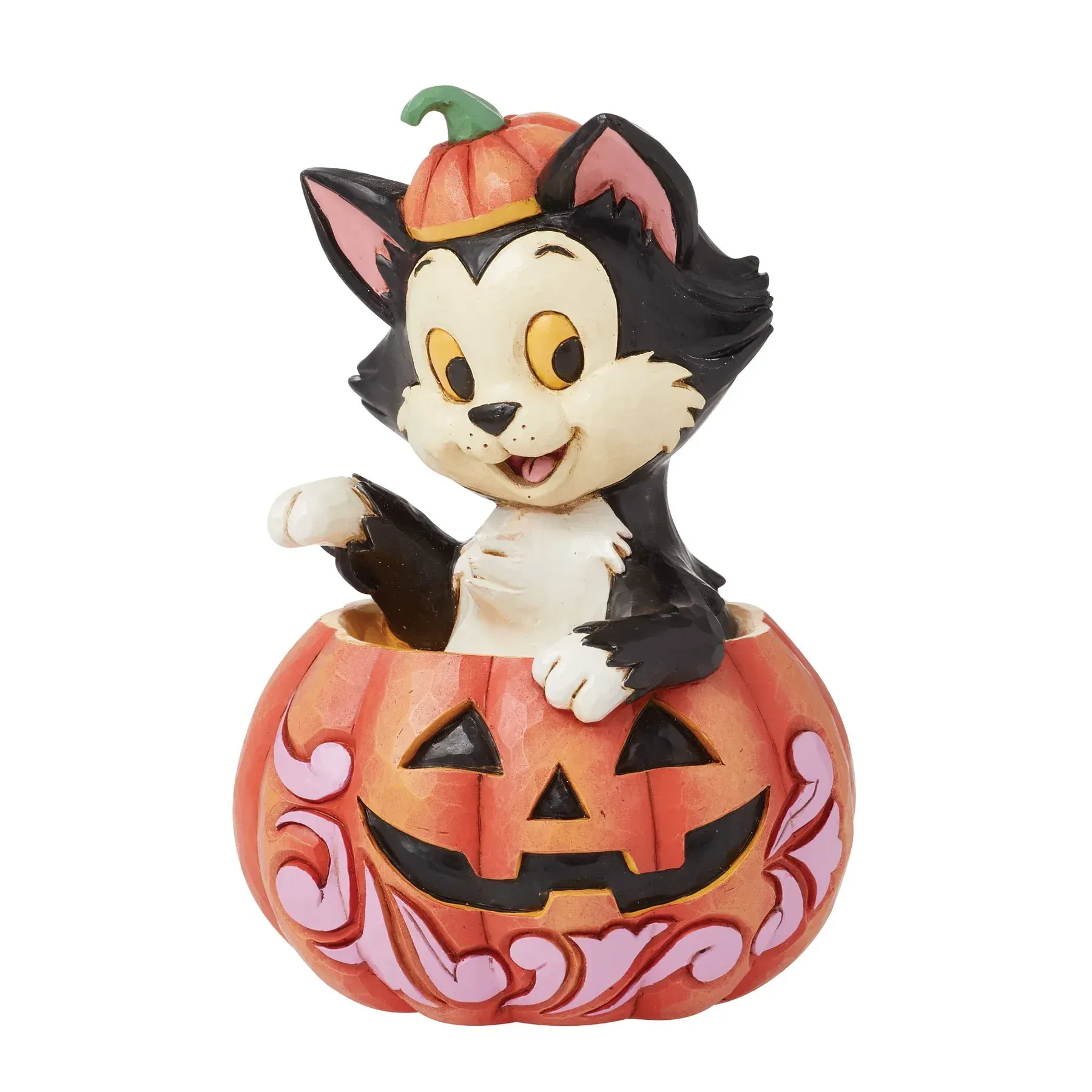 Figaro in een pompoen, een Halloween-figuurtje. Een zwart-witte kat met een oranje pompoenmuts, die vanuit een pompoen naar buiten kijkt.