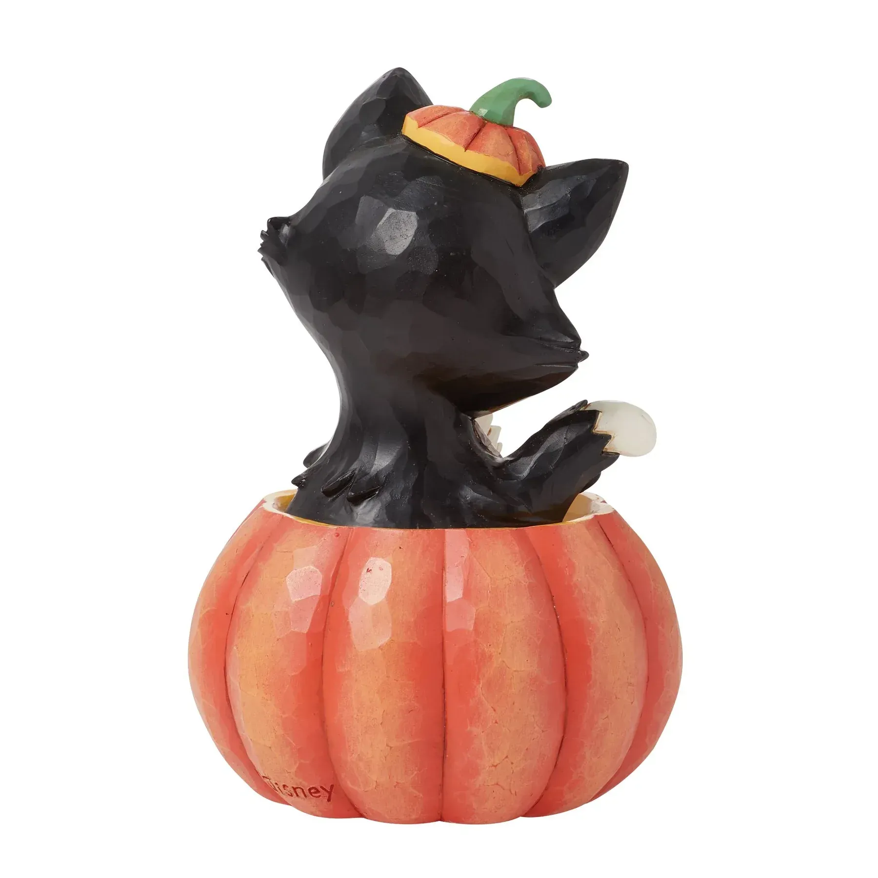 Een zwarte kat met een pompoenhoedje gluurt uit een uitgeholde oranje pompoen.