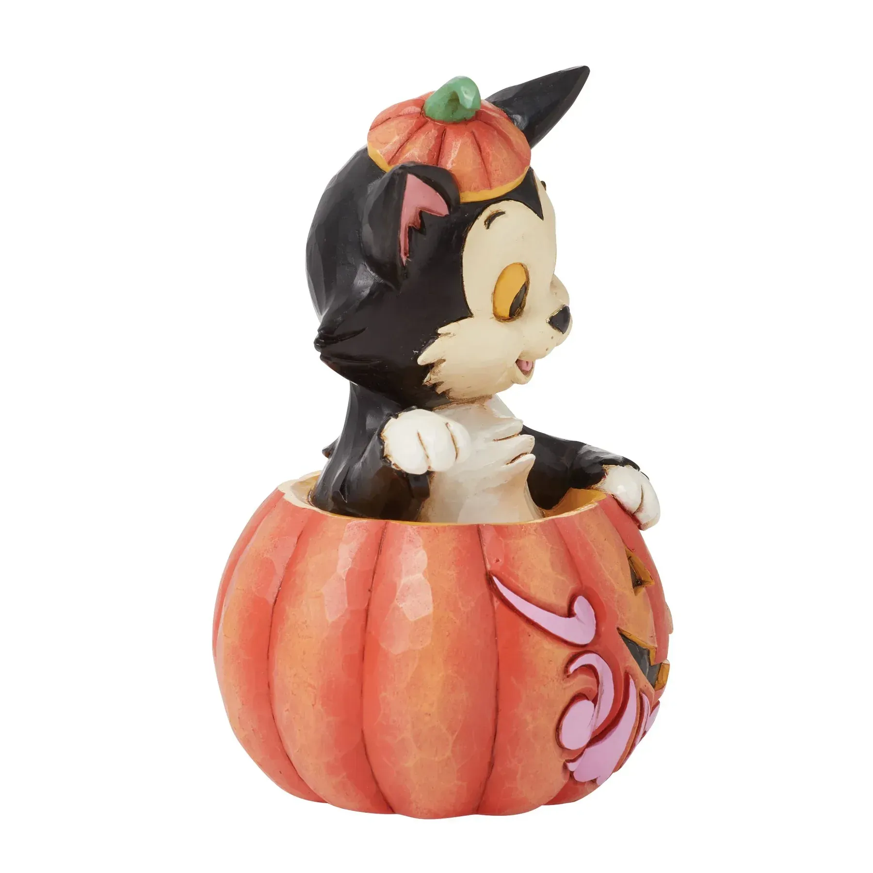 Figaro in een pompoen, een Halloween-figuurtje. Een zwart-witte kat met een oranje pompoenmuts, die vanuit een pompoen naar buiten kijkt.