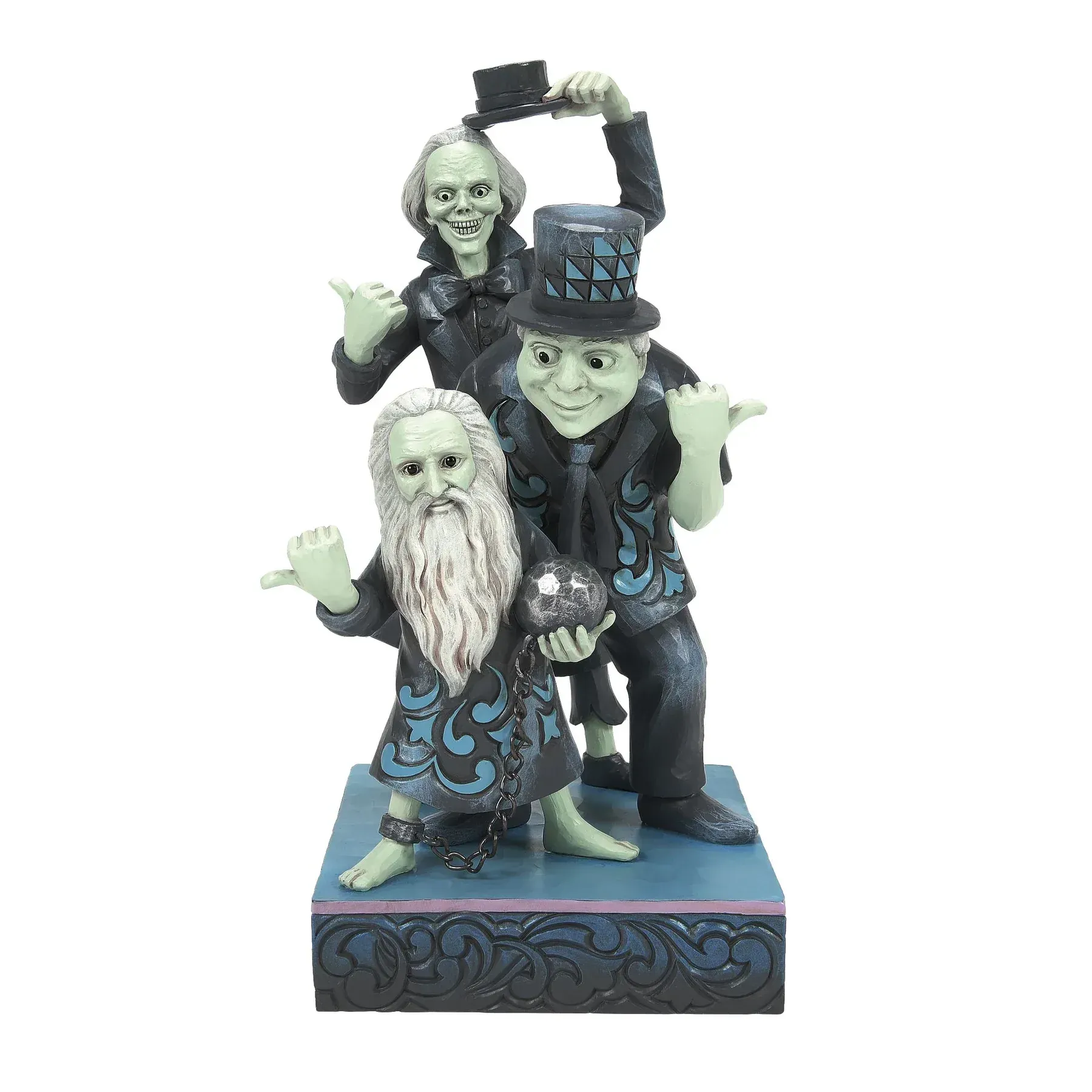 Standbeeld van drie grijnzende spoken uit de Haunted Mansion, in zwart, turkoois en groen.