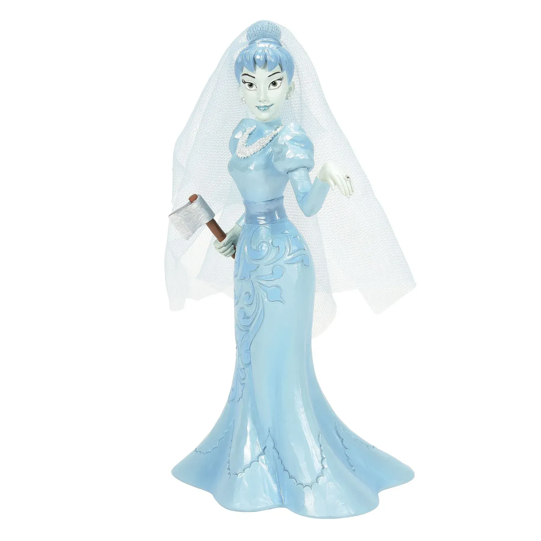 Spookachtig bruidsfiguurtje in een blauwe jurk, met een bijl en een sluier.