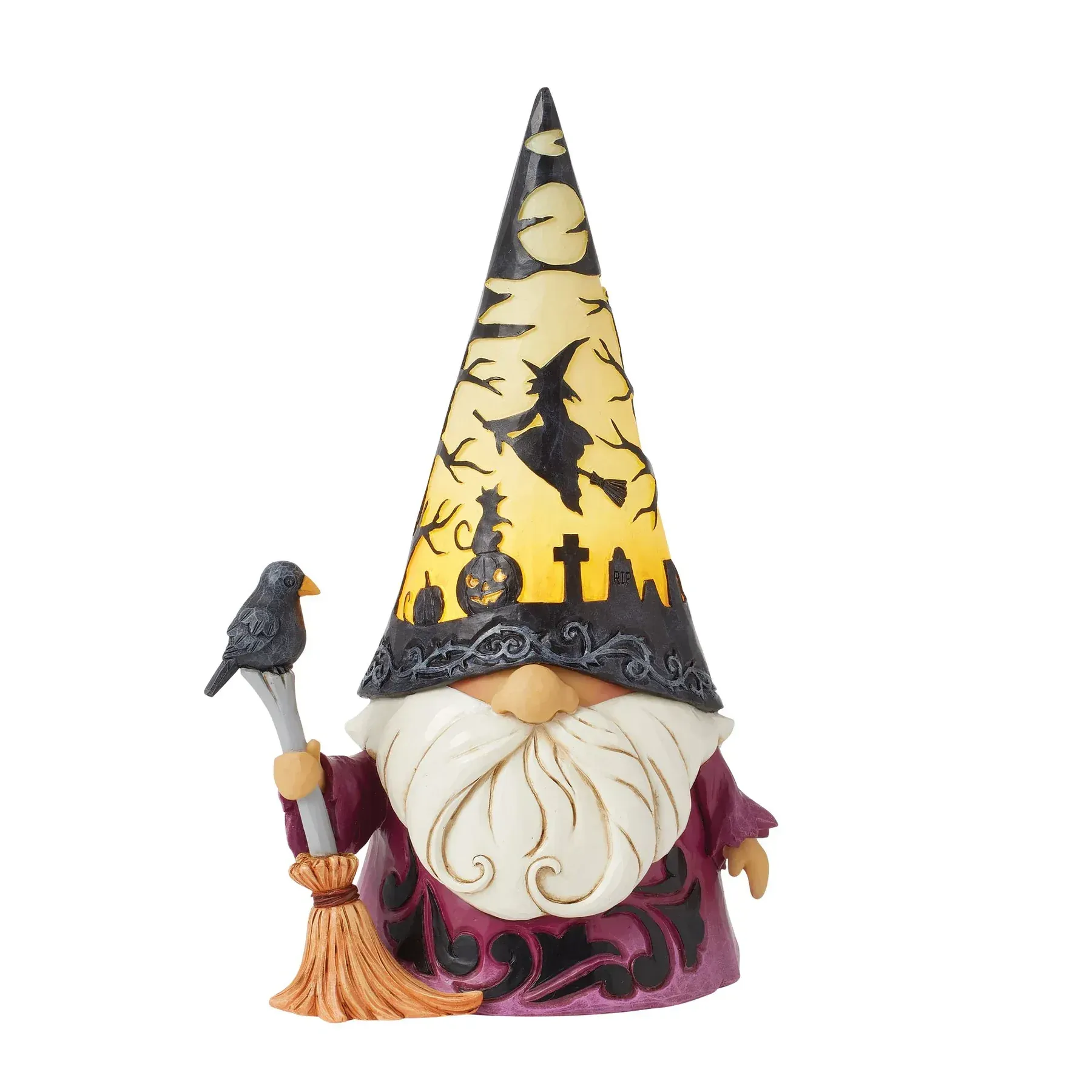 Halloweenkabouter met verlichte hoed met een silhouet van een heks, die een bezem en een raaf vasthoudt.