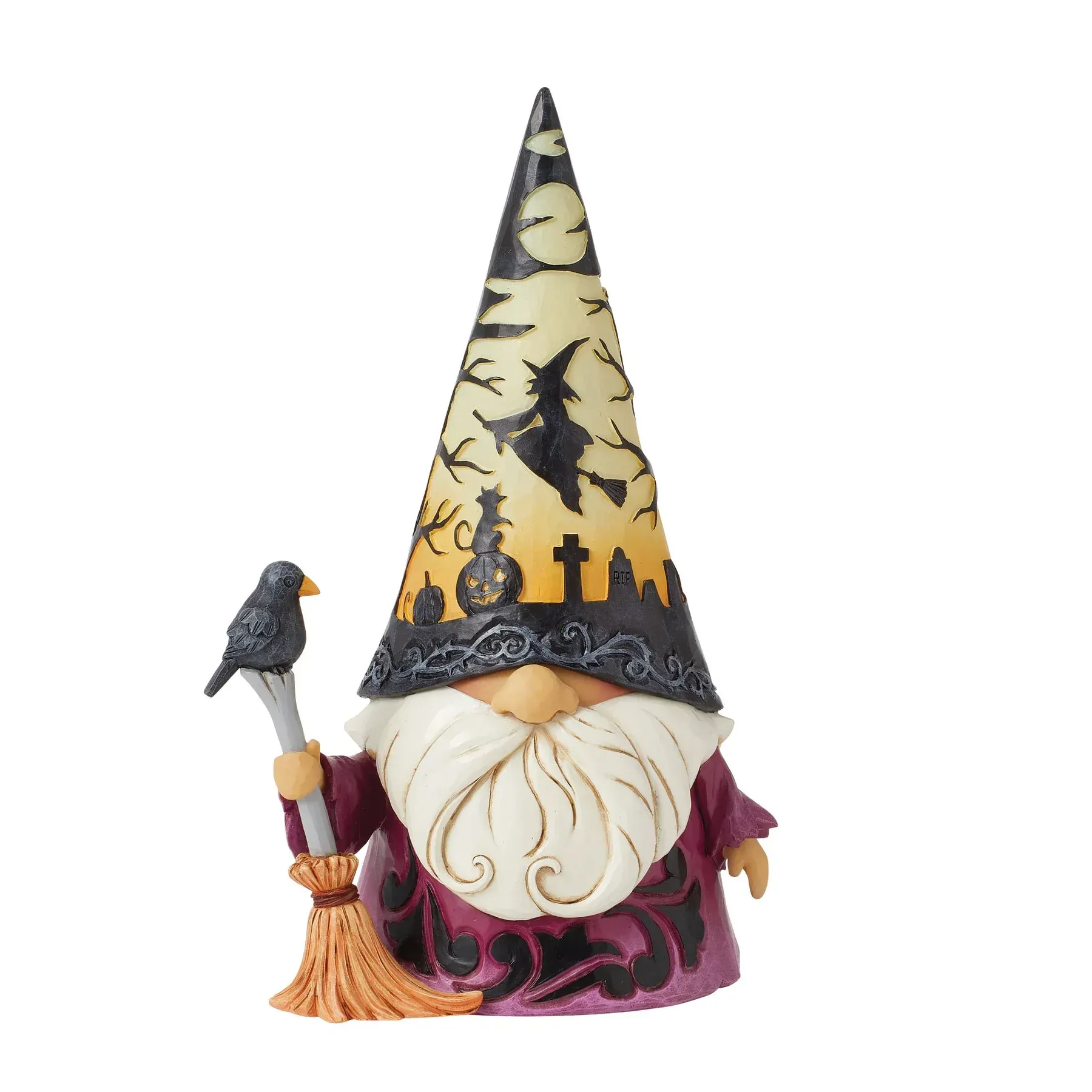 Halloweenkabouter met verlichte hoed met een silhouet van een heks, die een bezem en een raaf vasthoudt.